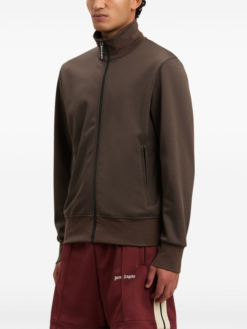 Palm Angels Chocolate Brown Jacket With Roll Neck And Logo Detail