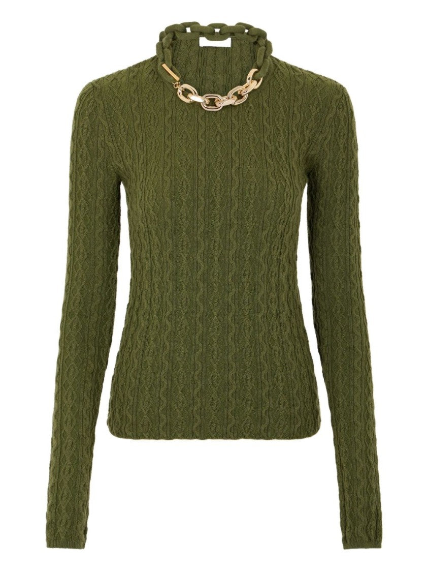 Rabanne Textured Cable Knit Sweater With Ruffled Neckline
