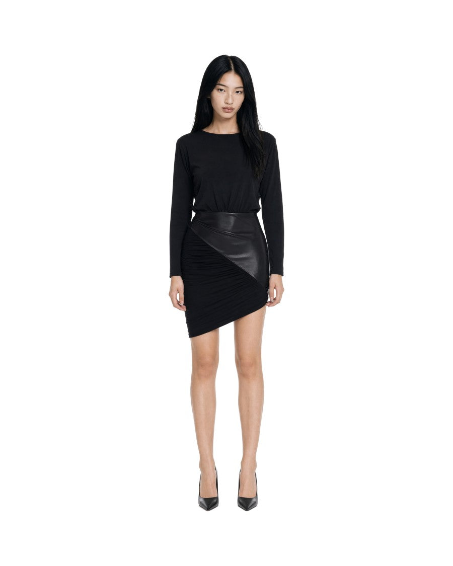 The Andamane Black Asymmetrical Draped Synthetic Leather Jersey Mini Dress