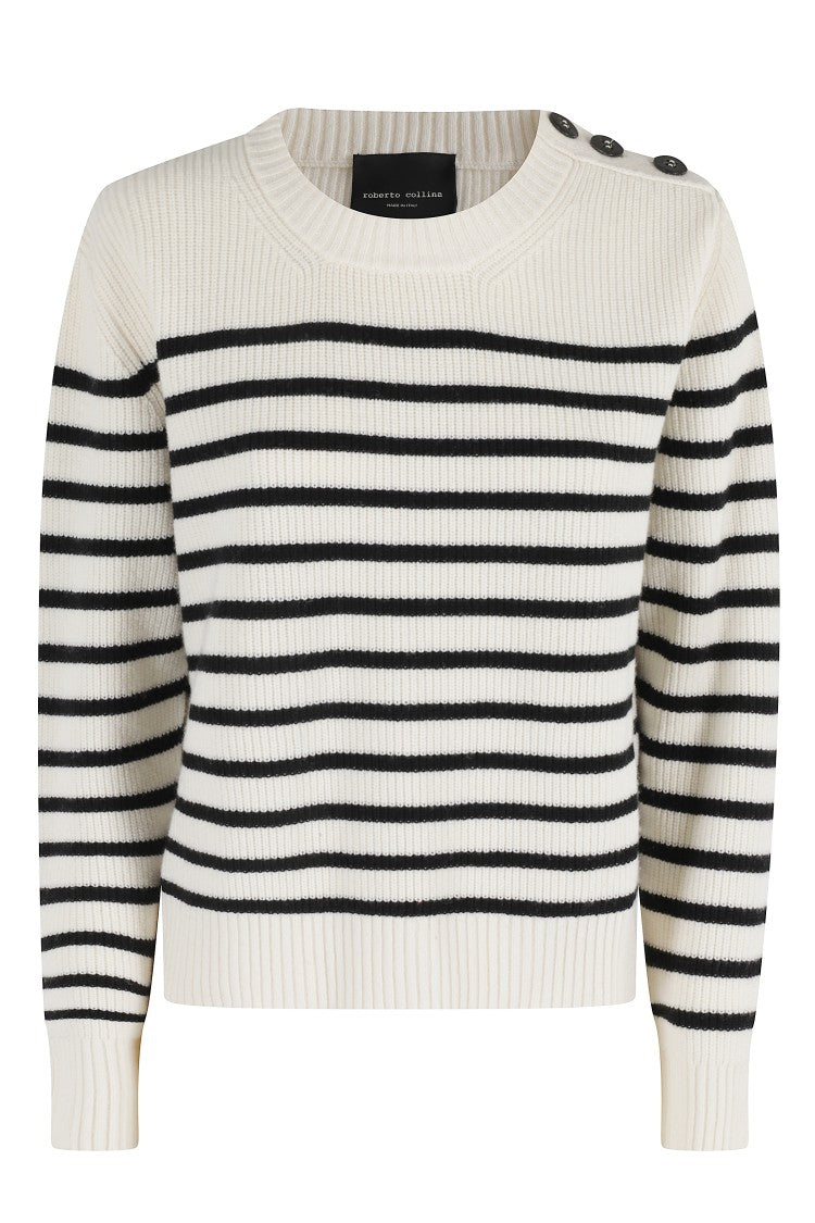 Roberto Collina Boxy Fit Cream Merino Wool Sweater With Striped Pattern