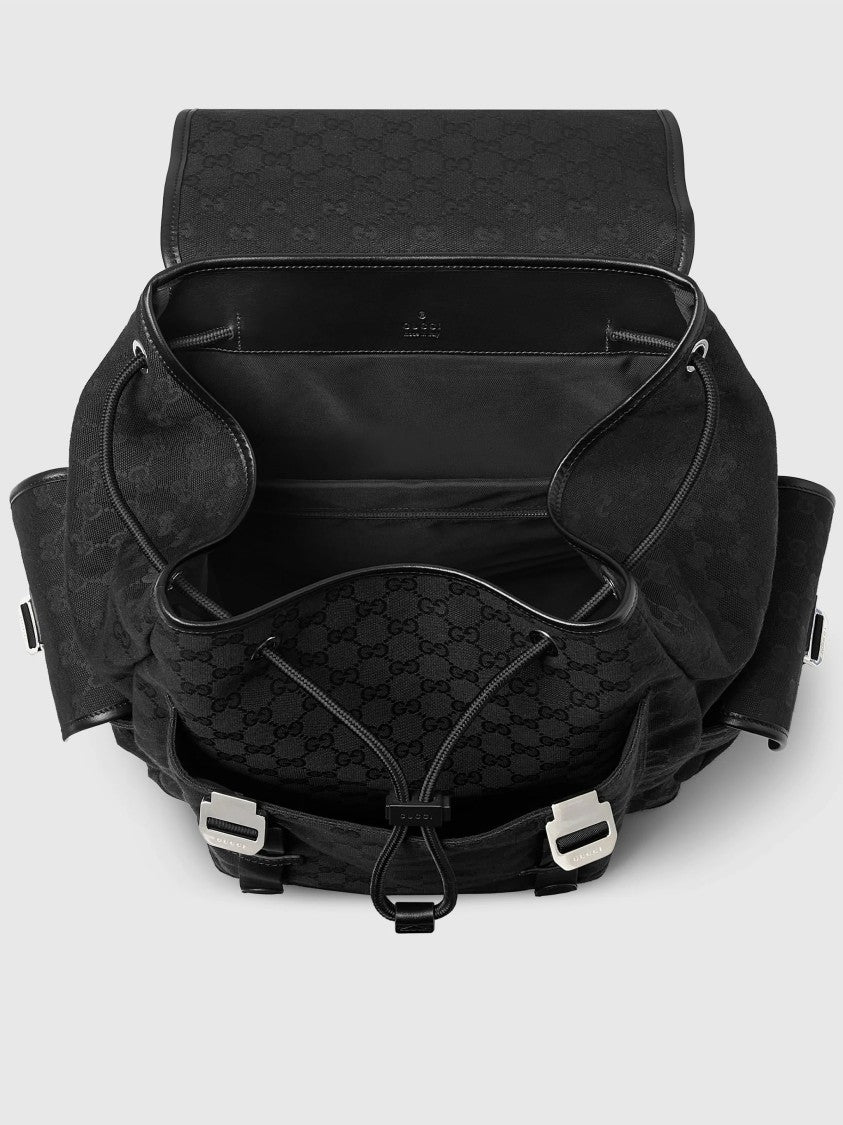 Gucci Black Monogram Flap Top Buckle Backpack
