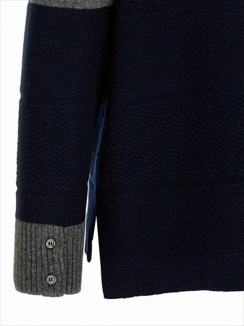 Thom Browne Textured Navy Wool Sweater With Contrasting Accents