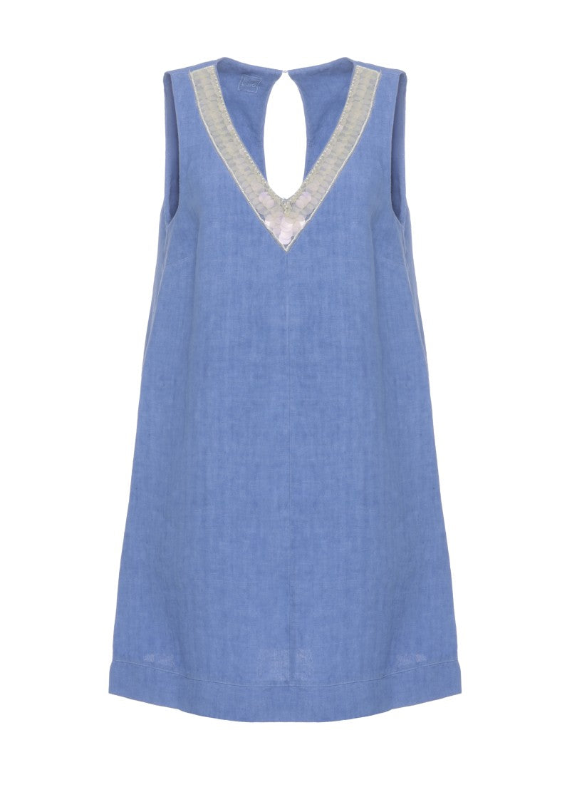 120% Lino V-Neck Linen Dress With Sequined Embellishments And Cut-Out Detail