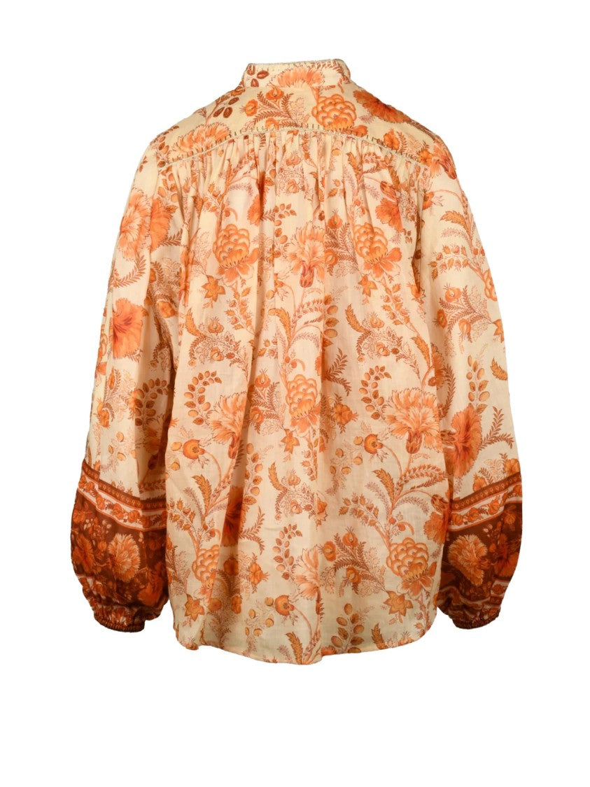 Zimmermann Mandarin Collar Puff Sleeve Shirt With Floral Pattern And Gathered Yoke