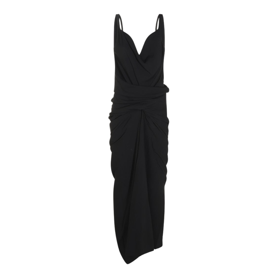 Rick Owens Draped Black Midi Dress With Asymmetrical Hemline