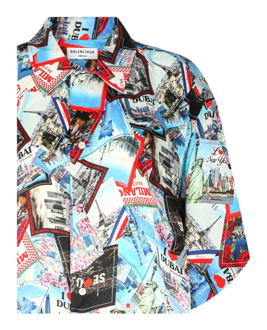 Balenciaga Postcard Print Silk Short-Sleeve Shirt