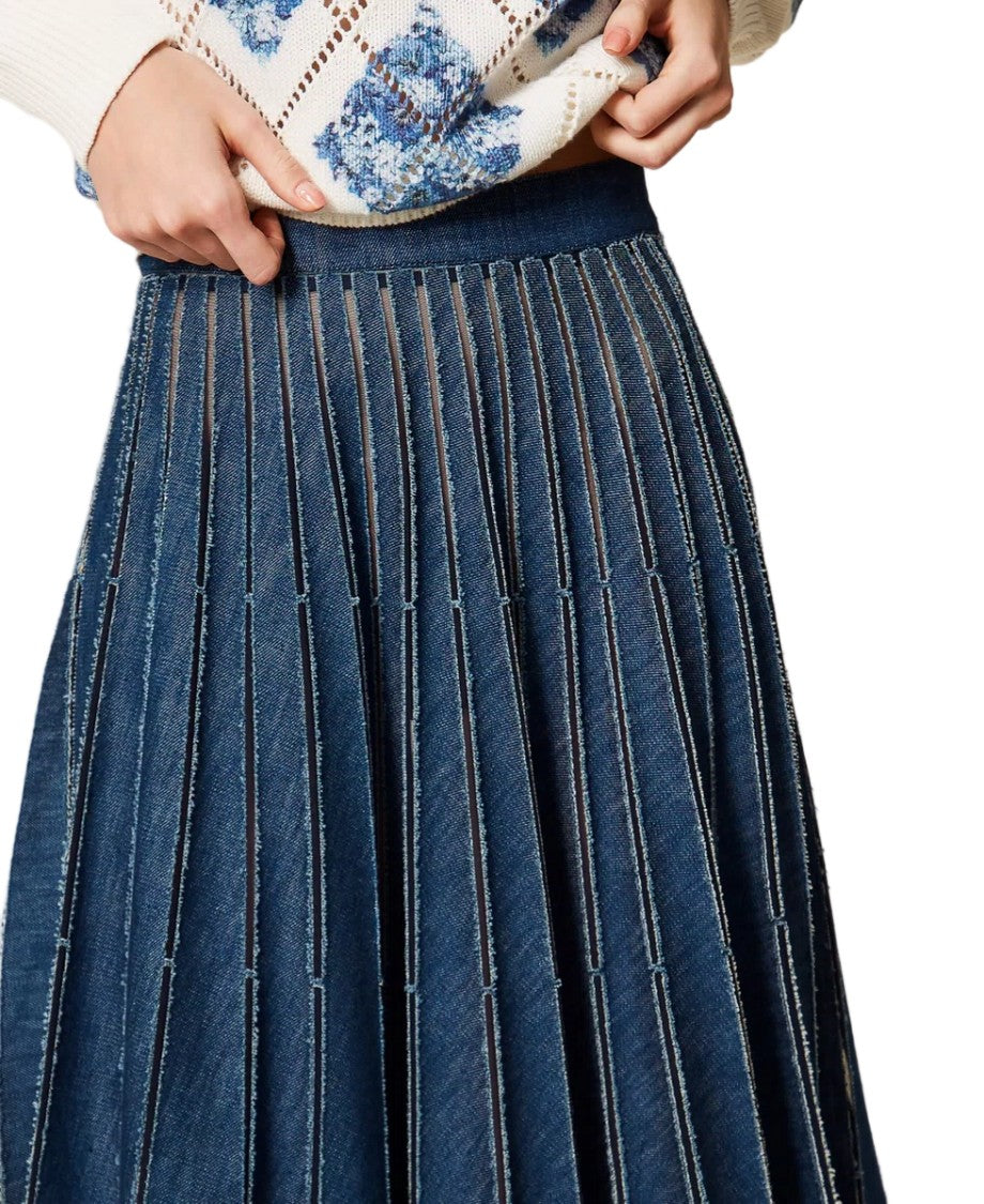Twin-Set Pleated Denim Perforated Flared Maxi Skirt