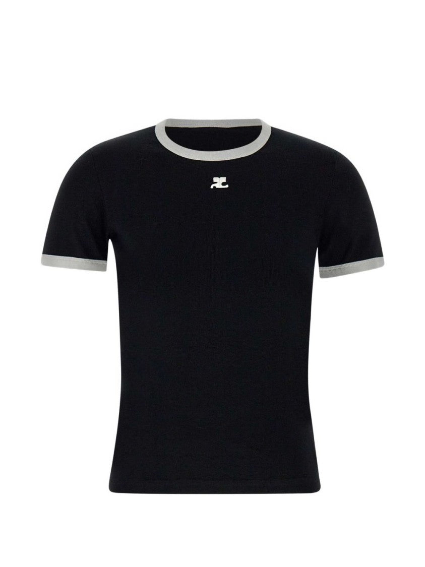 Courrèges Embroidered Black Cotton Crew Neck T-Shirt