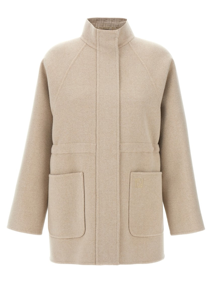Fendi Beige Wool Parka With Removable Stole And Ff Monogram