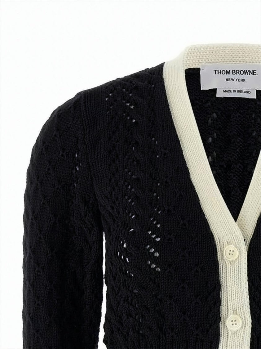 Thom Browne Textured Knit Cropped Cardigan With Contrasting Stripes