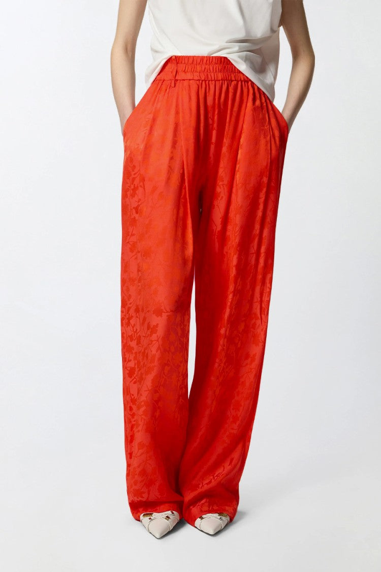 Pinko Orange Bedonia Jacquard Floral Smocked Waist Viscose-Blend Flared Pants