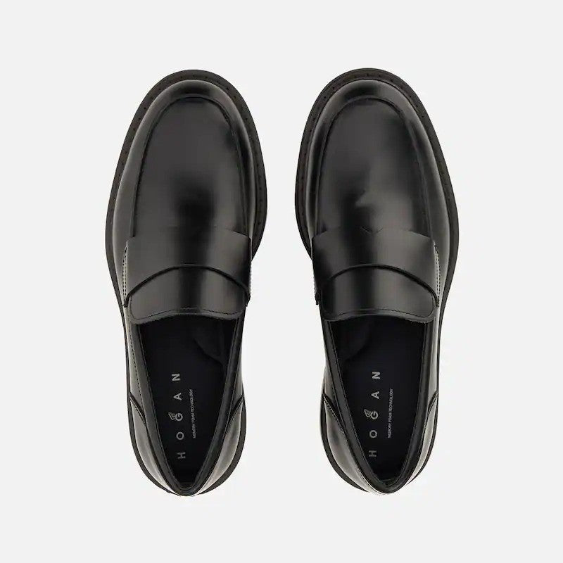 Hogan Polished Black Leather Elevated Sole Penny Loafers