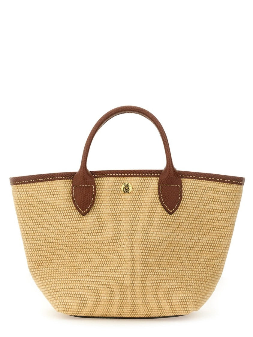 Longchamp Small Woven Cotton Tote Bag With Leather Trim