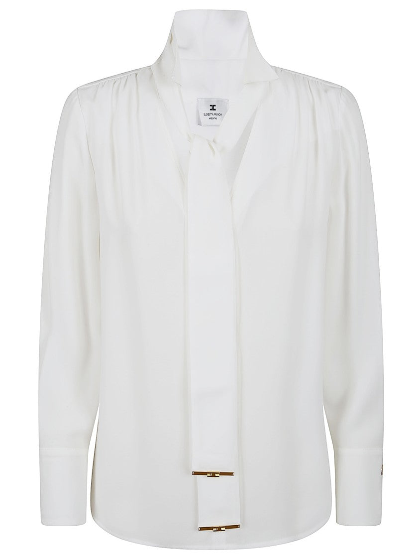 Elisabetta Franchi High Neck White Viscose Shirt With Gathered Details