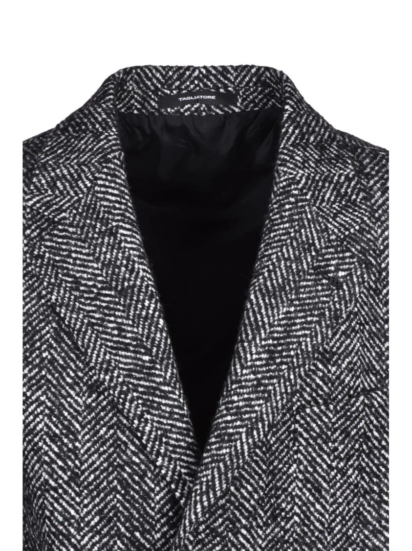 Tagliatore Black/White Textured Herringbone Wool-Blend Coat