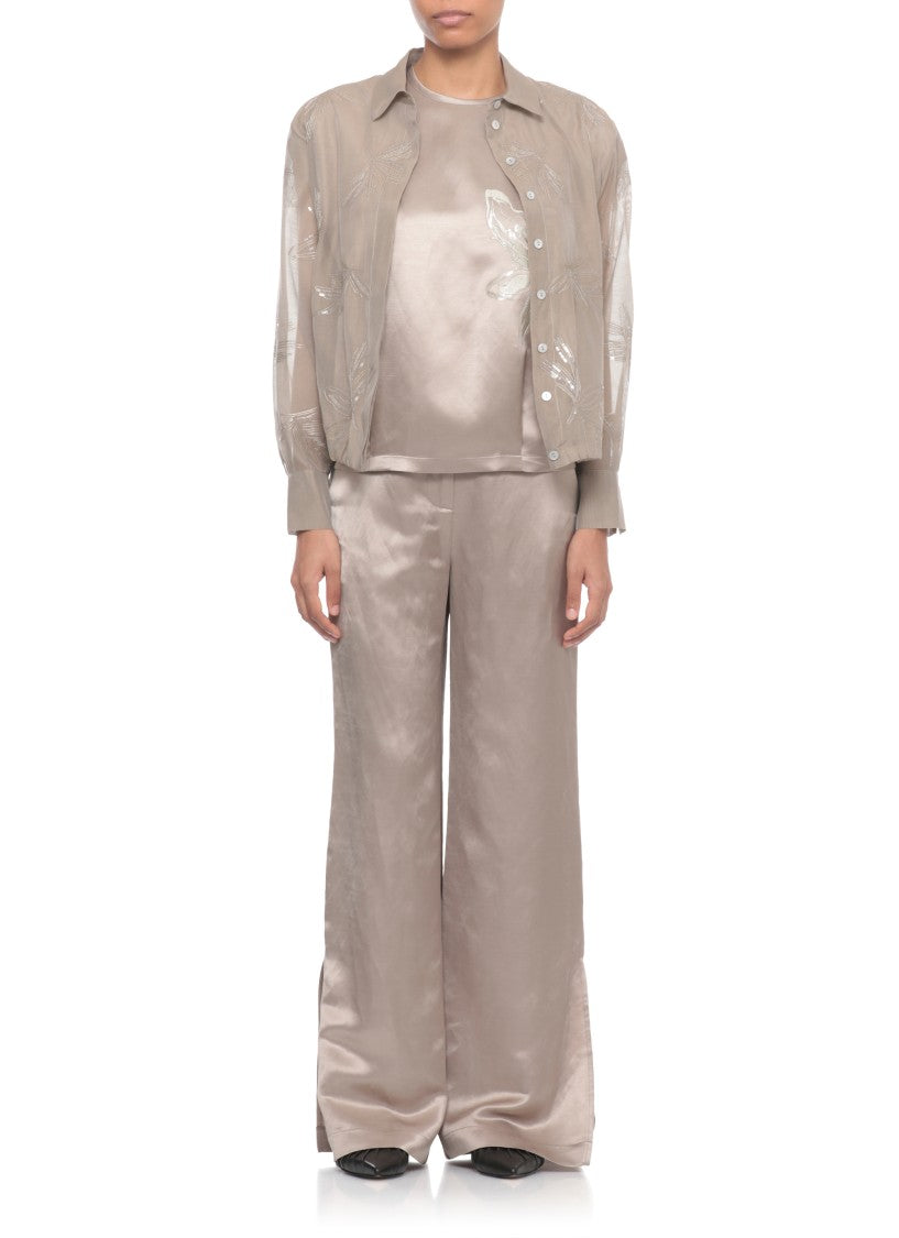 Panicale Beige Viscose-Linen Sequined Blouse
