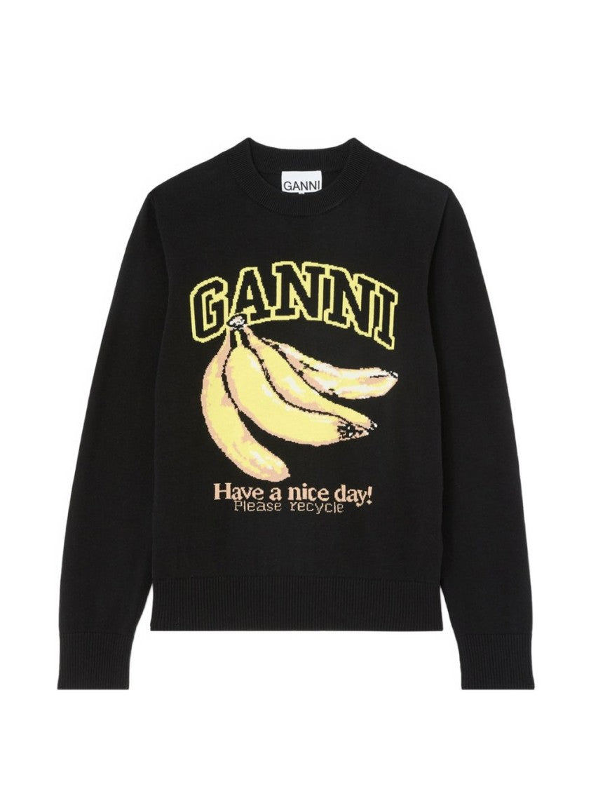 Ganni Black Banana Print Playful Slogan Sweatshirt