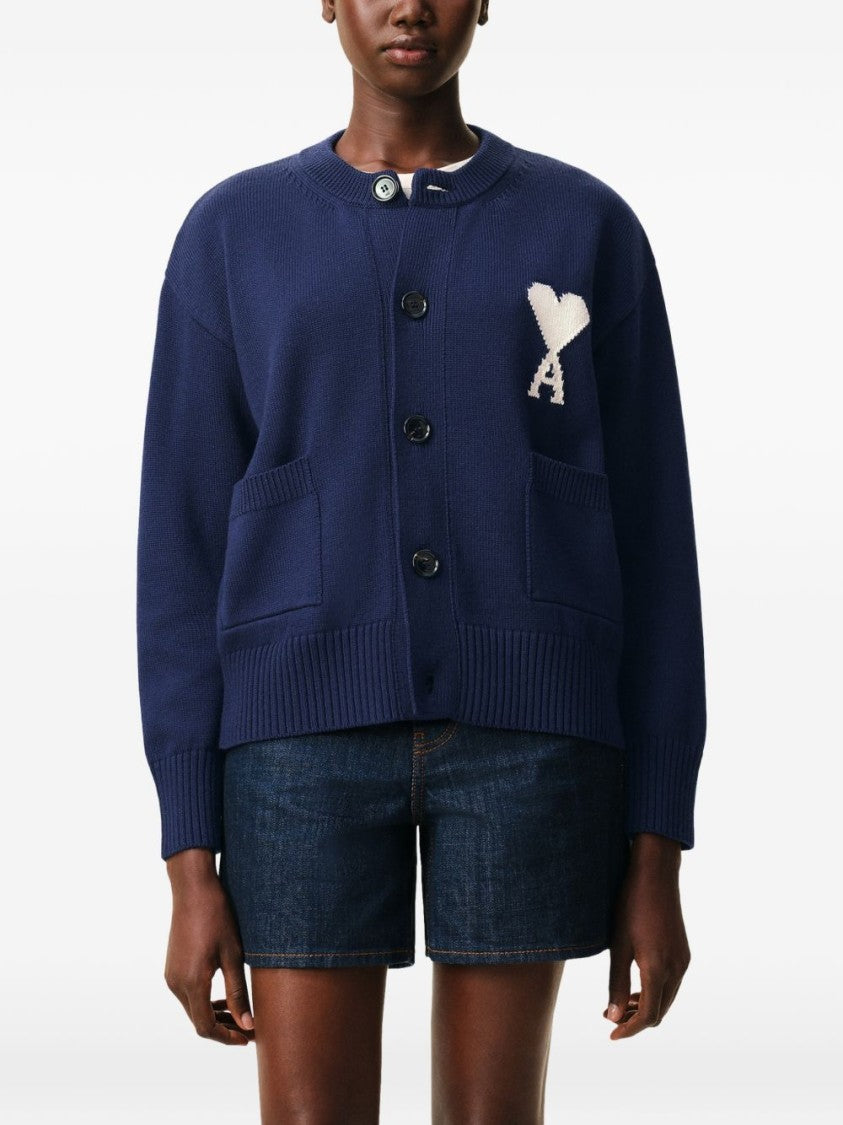 Ami Paris Blue Ribbed Button Front Patch Cardigan