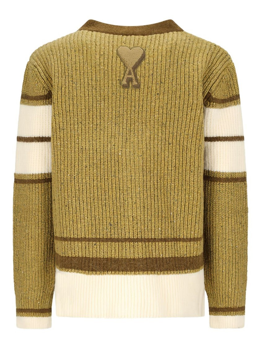 Ami Paris Olive Green V-Neck Sweater