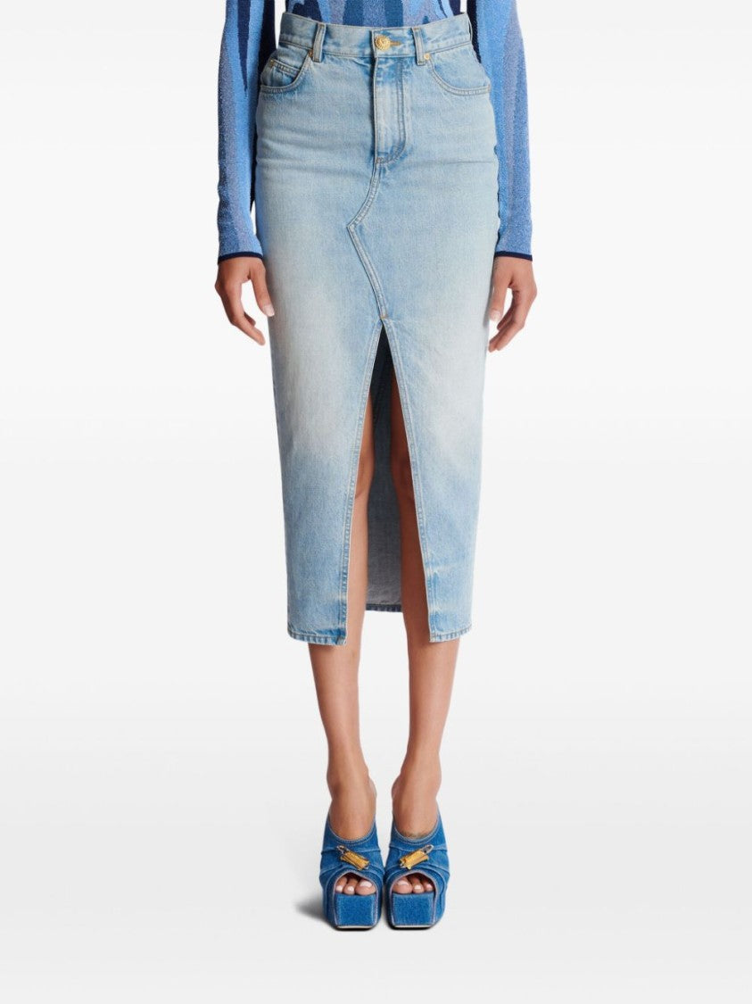 Balmain Washed Denim Midi Skirt