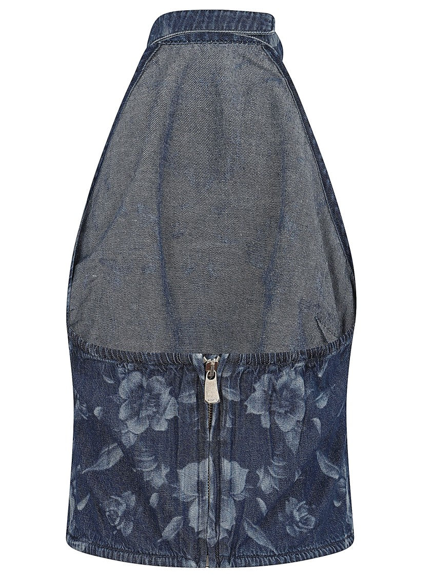 Pinko Lightweight Denim Halterneck Top With Floral Detail