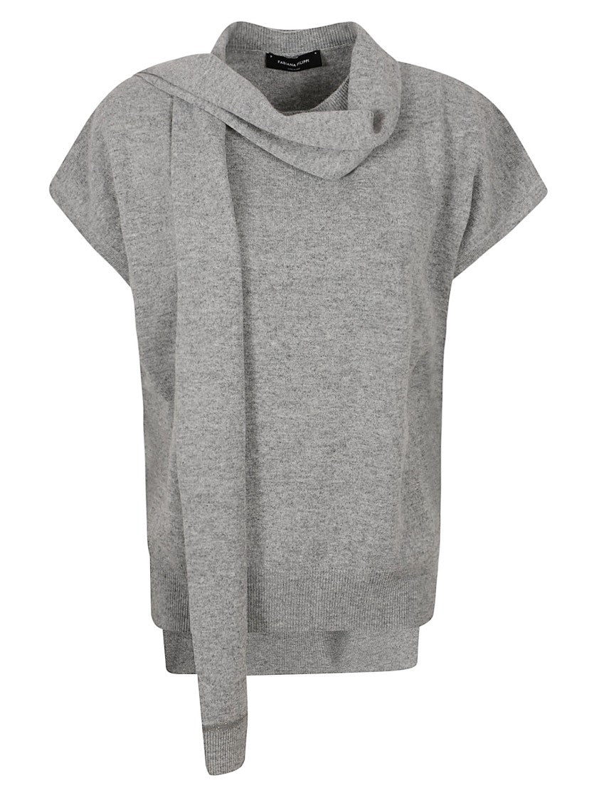 Fabiana Filippi Knit Top With Draped Scarf Detail In Heather Grey