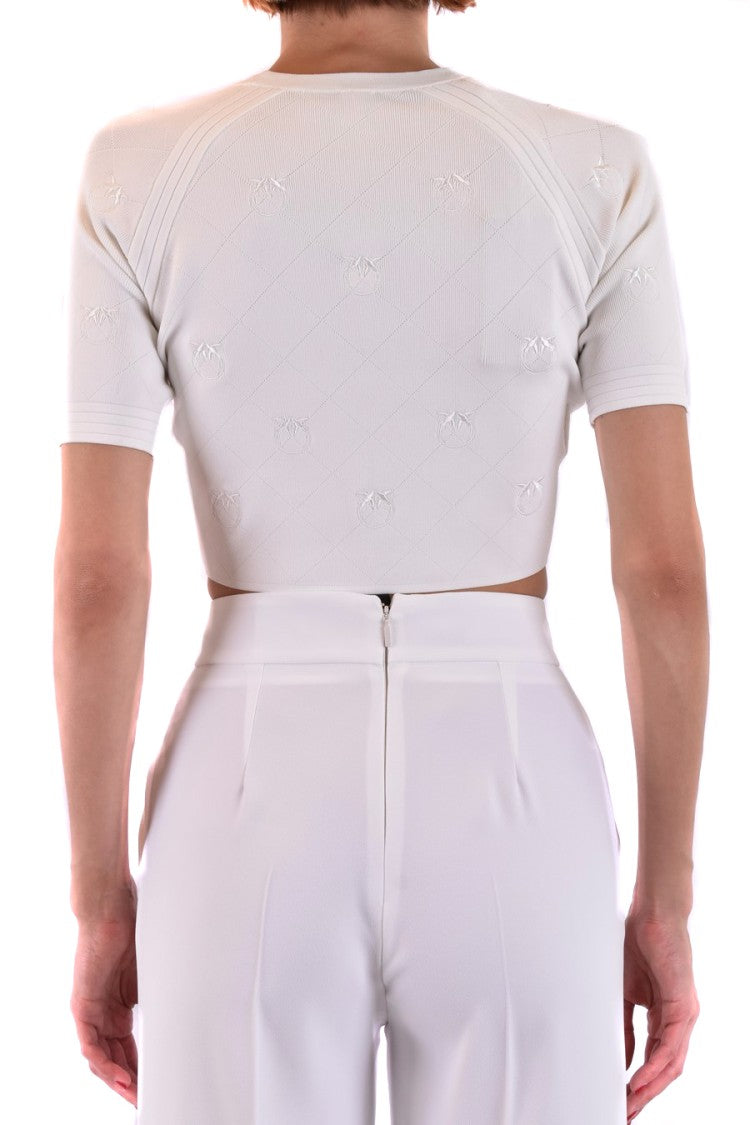 Pinko Cropped White Textured Gold Button Top