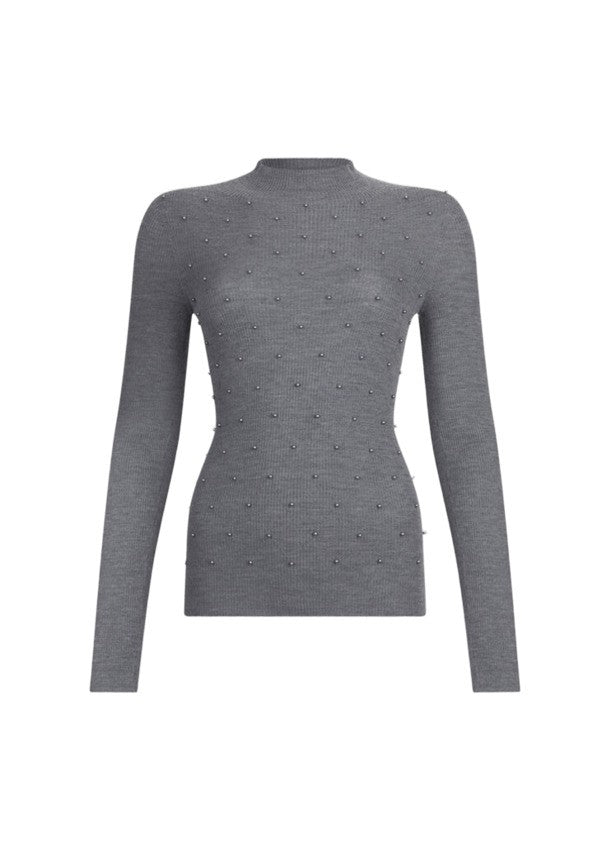 Liu Jo Medium Grey Melange Fitted Knit Top With Beaded Detailing