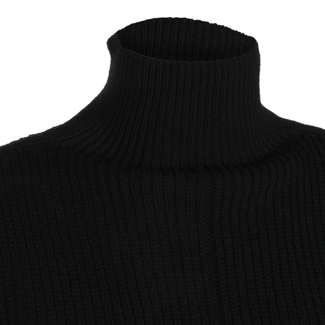 Rick Owens Cropped Black Ribbed Knit Sweater With High Turtleneck And Structured Sleeves