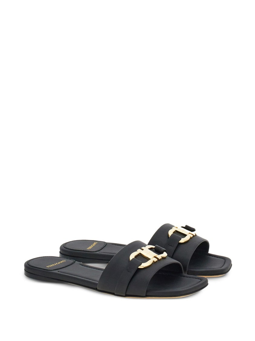 Salvatore Ferragamo Black Leah Gancini Ornament Leather Sandals