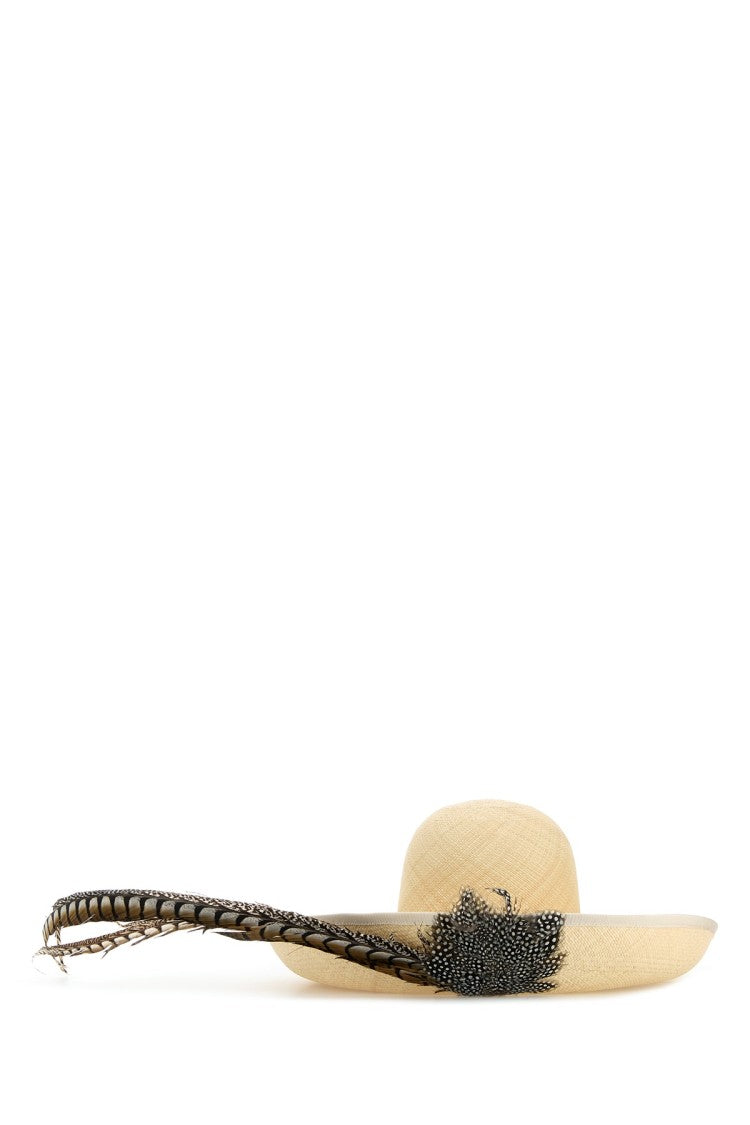Valentino Garavani Wide-Brimmed Straw Hat With Decorative Feather Accent