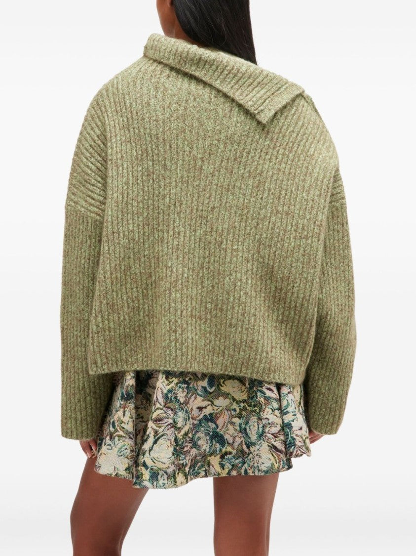 Ganni Beige Knit Sweater With Asymmetrical Collar