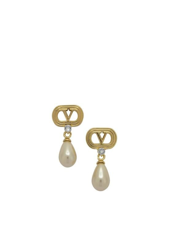 Valentino Garavani Yellow Brass Oval Frame Earrings With Teardrop Pearl Pendant
