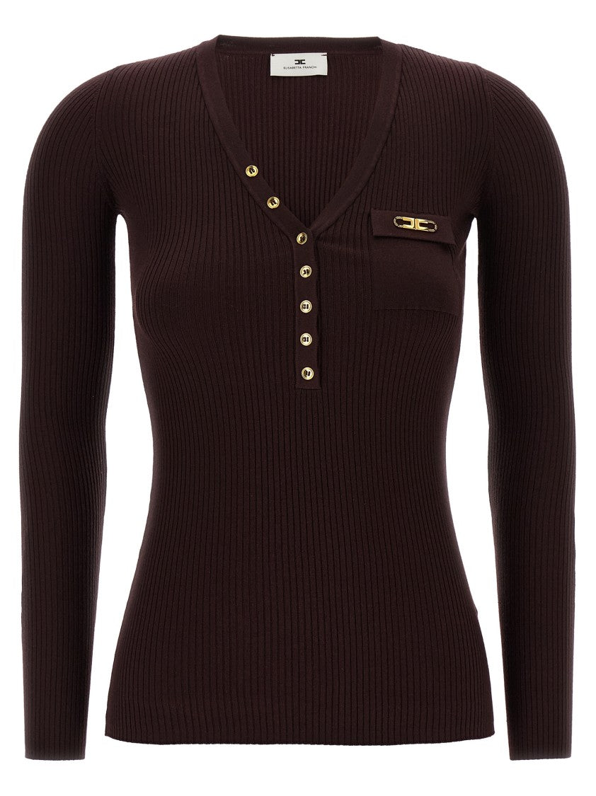 Elisabetta Franchi Silk Blend V-Neck Sweater With Button Detail