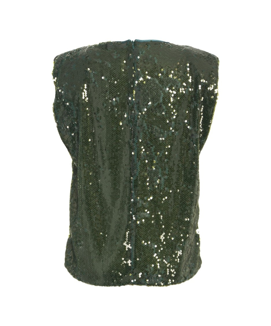 Jucca Sequined Sleeveless Top With Round Neckline And Structured Shoulders
