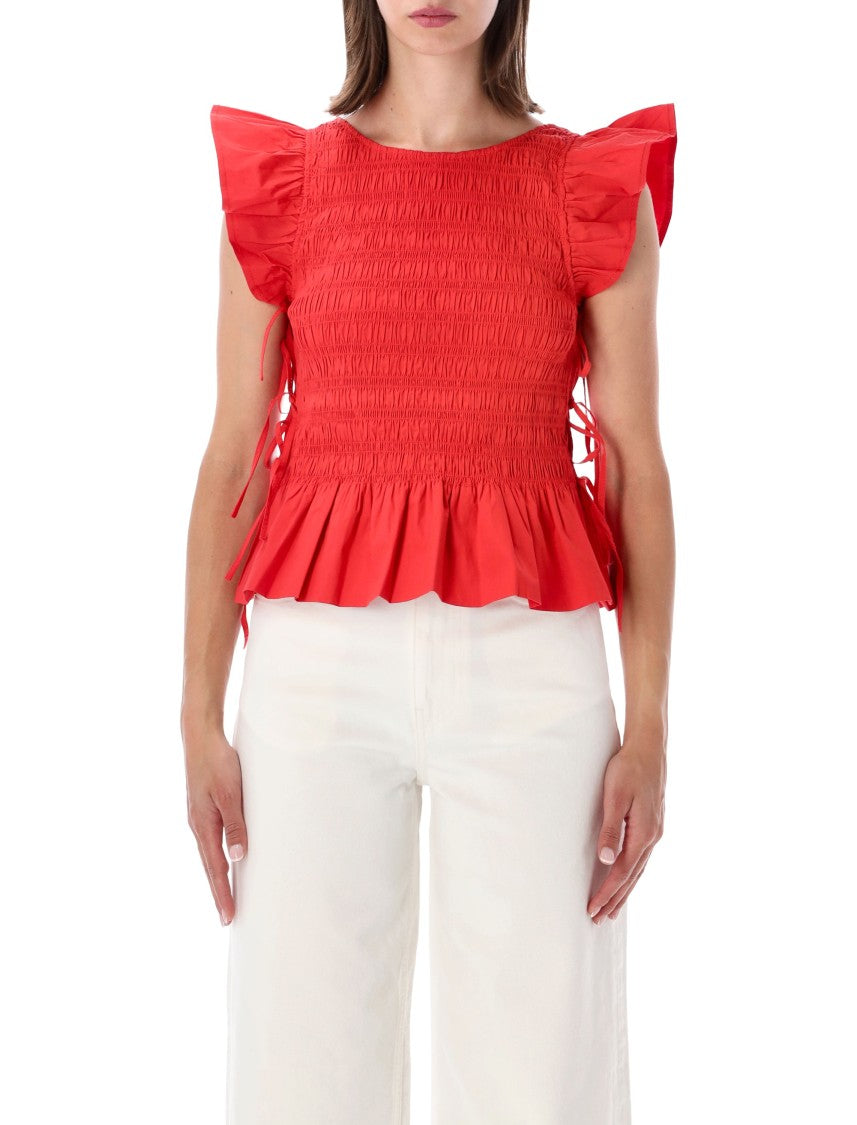 Ganni Red Smocked Top With Ruffled Cap Sleeves