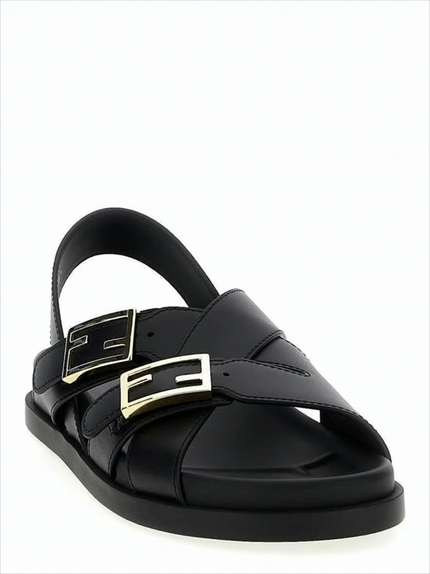 Fendi Crossed Strap Calf Leather Sandals With Gold Accents