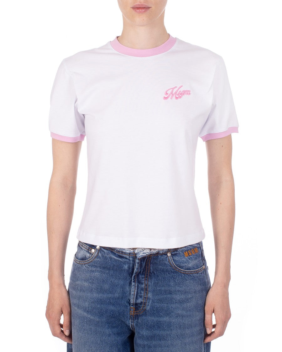 Msgm Crew Neck T-Shirt With Subtle Embroidery And Ribbed Cuffs