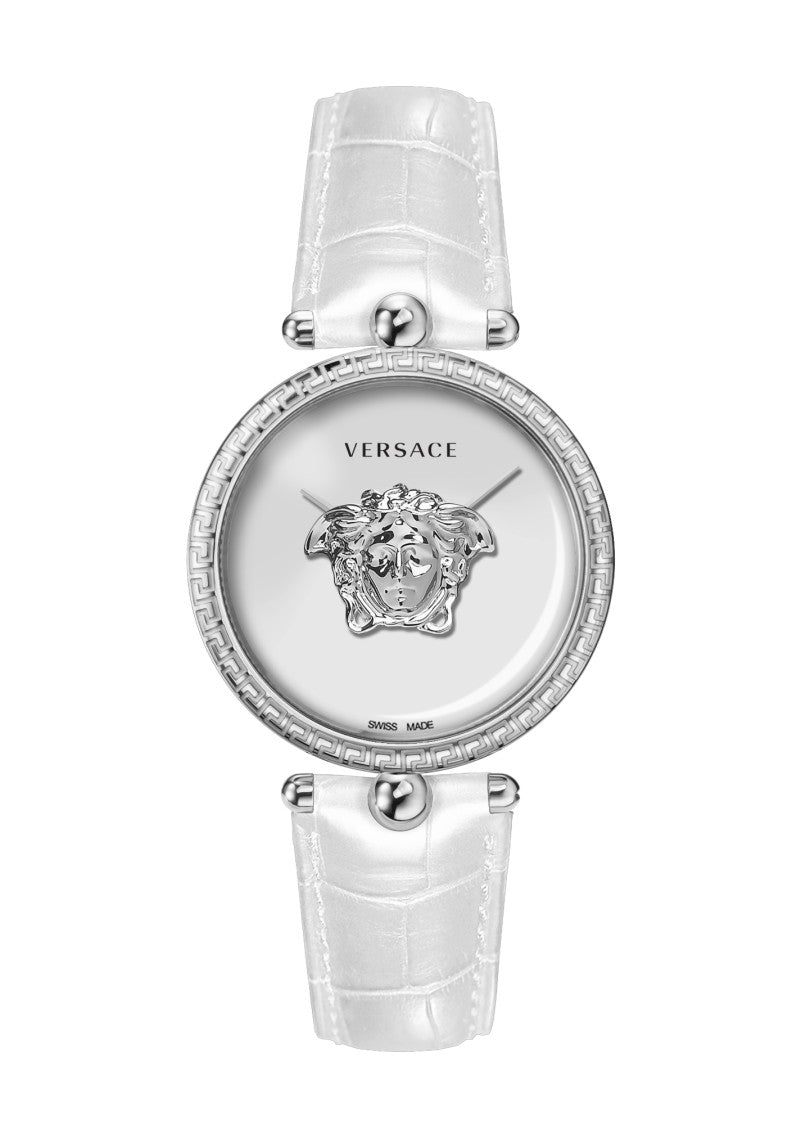 Versace Polished Stainless Steel Versace Watch With White Dial And Calf Leather Strap