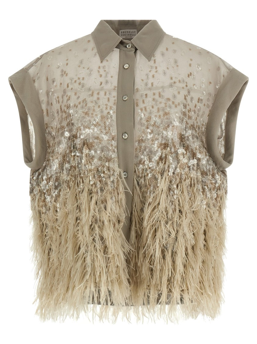 Brunello Cucinelli Organza Short-Sleeved Shirt With Sequin Embroidery And Fringed Hem
