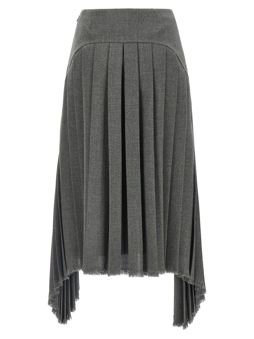 Jil Sander Pleated Wool Canvas Midi Skirt With Asymmetrical Hem And Frayed Detailing