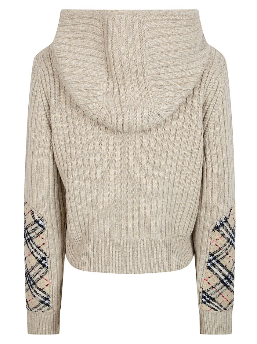 Burberry Ribbed Knit Cropped Hoodie Sweater With Check Patch Detail