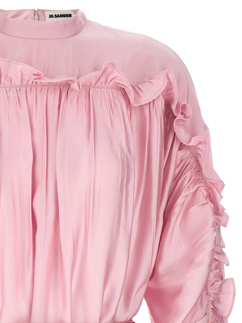 Jil Sander Ruffle Appliqué Satin Dress With High Collar