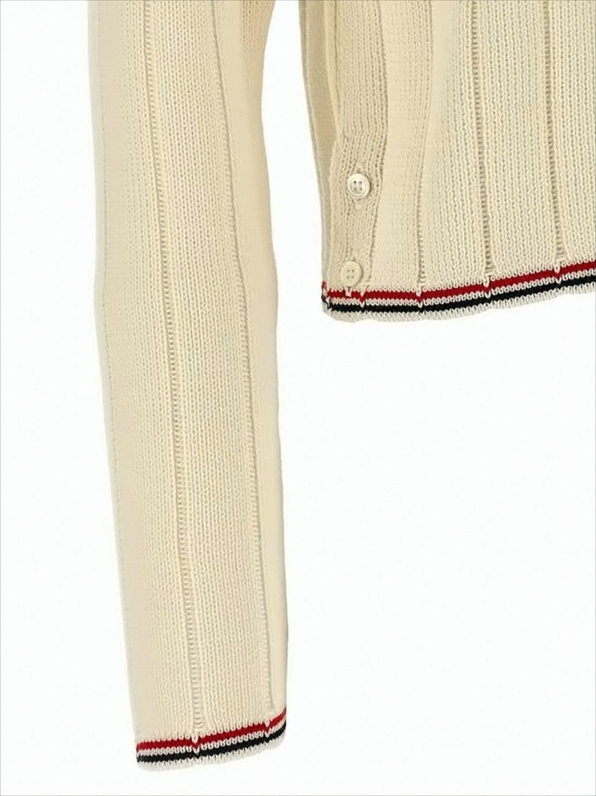 Thom Browne Ribbed Knit Cardigan With Cropped Silhouette And Iconic Stripe Accents
