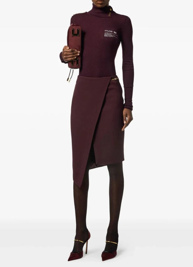 Elisabetta Franchi Burgundy Wraparound Skirt With Asymmetric Hem
