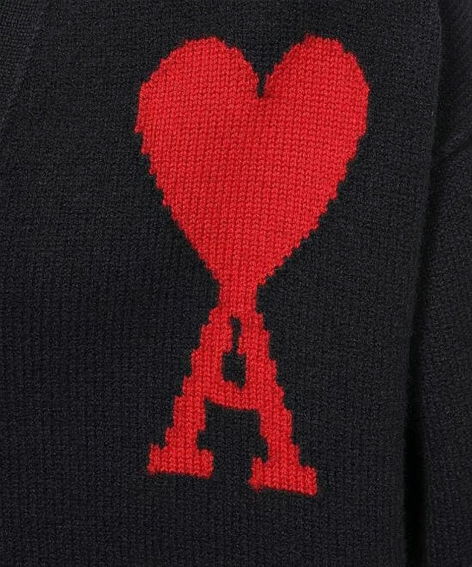 Ami Wool Cardigan With Deep V-Neckline And Heart Motif