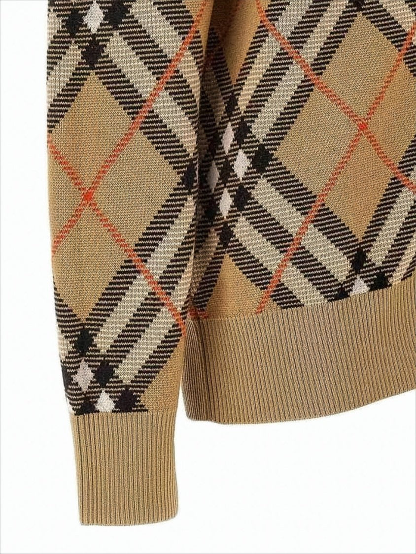 Burberry Beige Check Pattern Cardigan With V-Neckline
