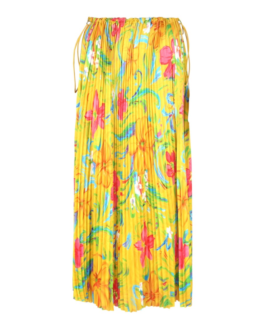 Balenciaga Neon Floral-Print Pleated Midi Skirt With Adjustable Drawstring