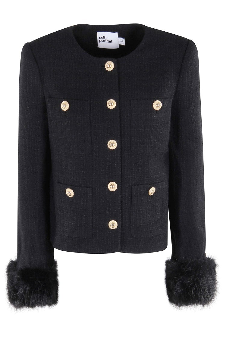 Self-Portrait Black Boucle Fur Cuff Jacket