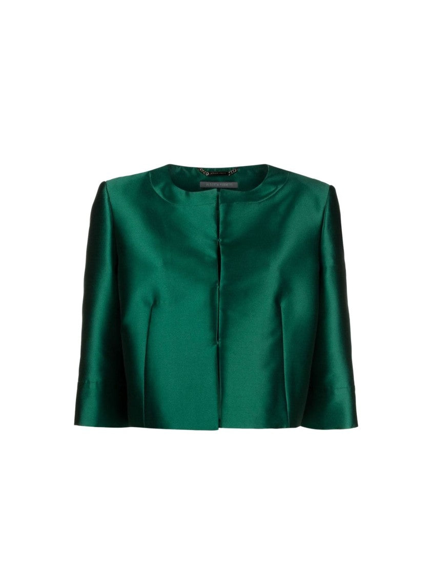 Alberta Ferretti Cropped Jacket Collarless Design Satin Finish